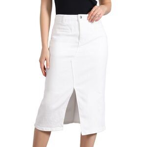 High Waist Slit Front Washed Jean Midi Skirts with Pockets White